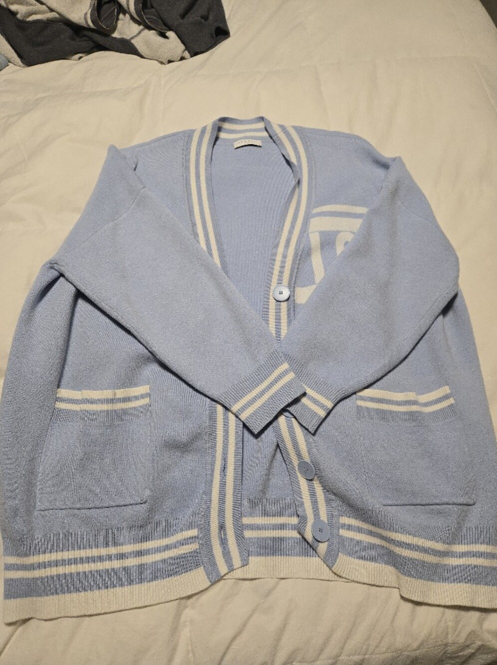 Oversized Sandro Light Blue and Cream 'LOVE' Knit Cardigan